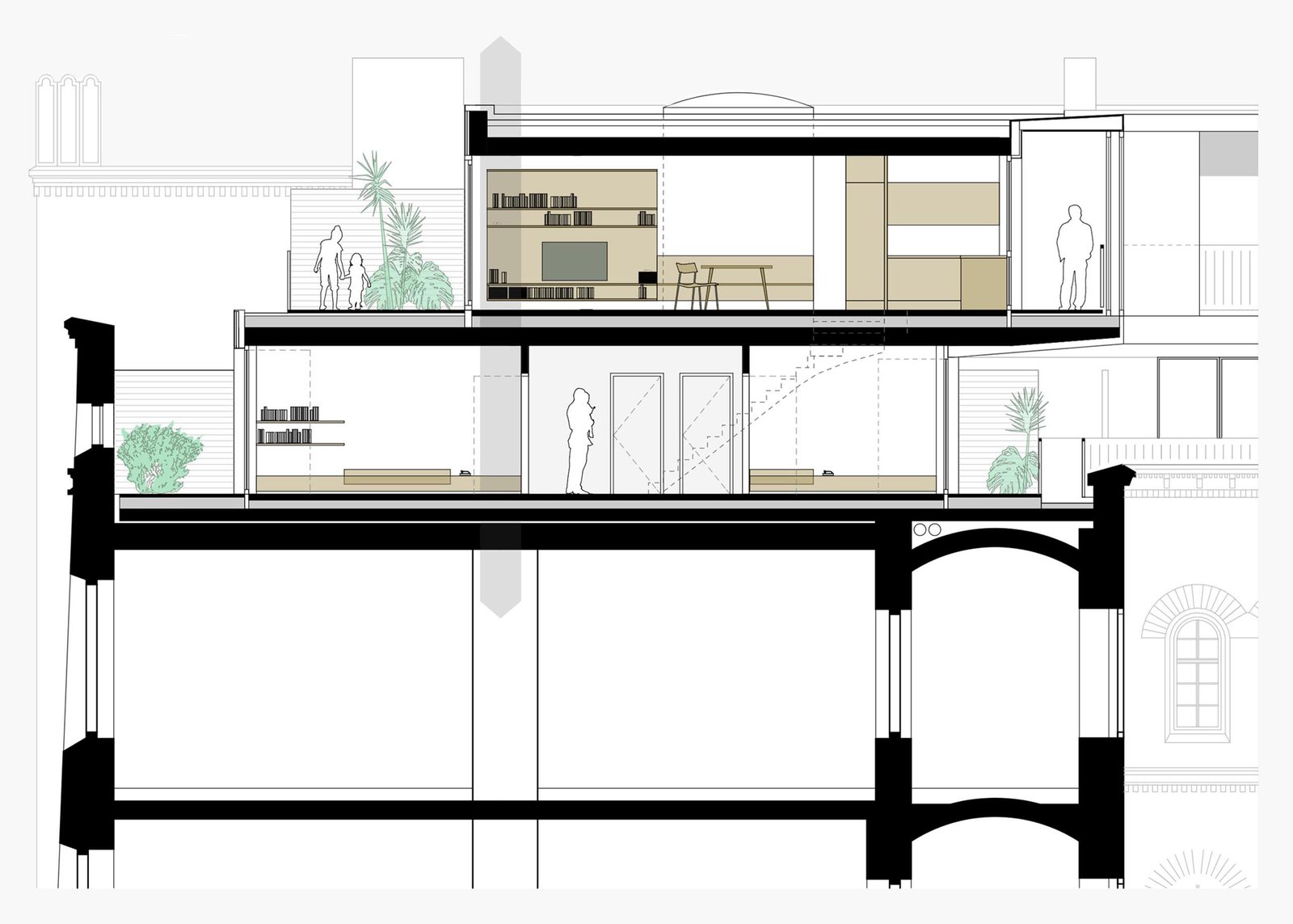 In front of each of the bright rooms is an open space that is largely hidden from outside view.